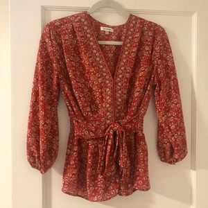 Orange floral blouse with bow tie Max Studio size Small
